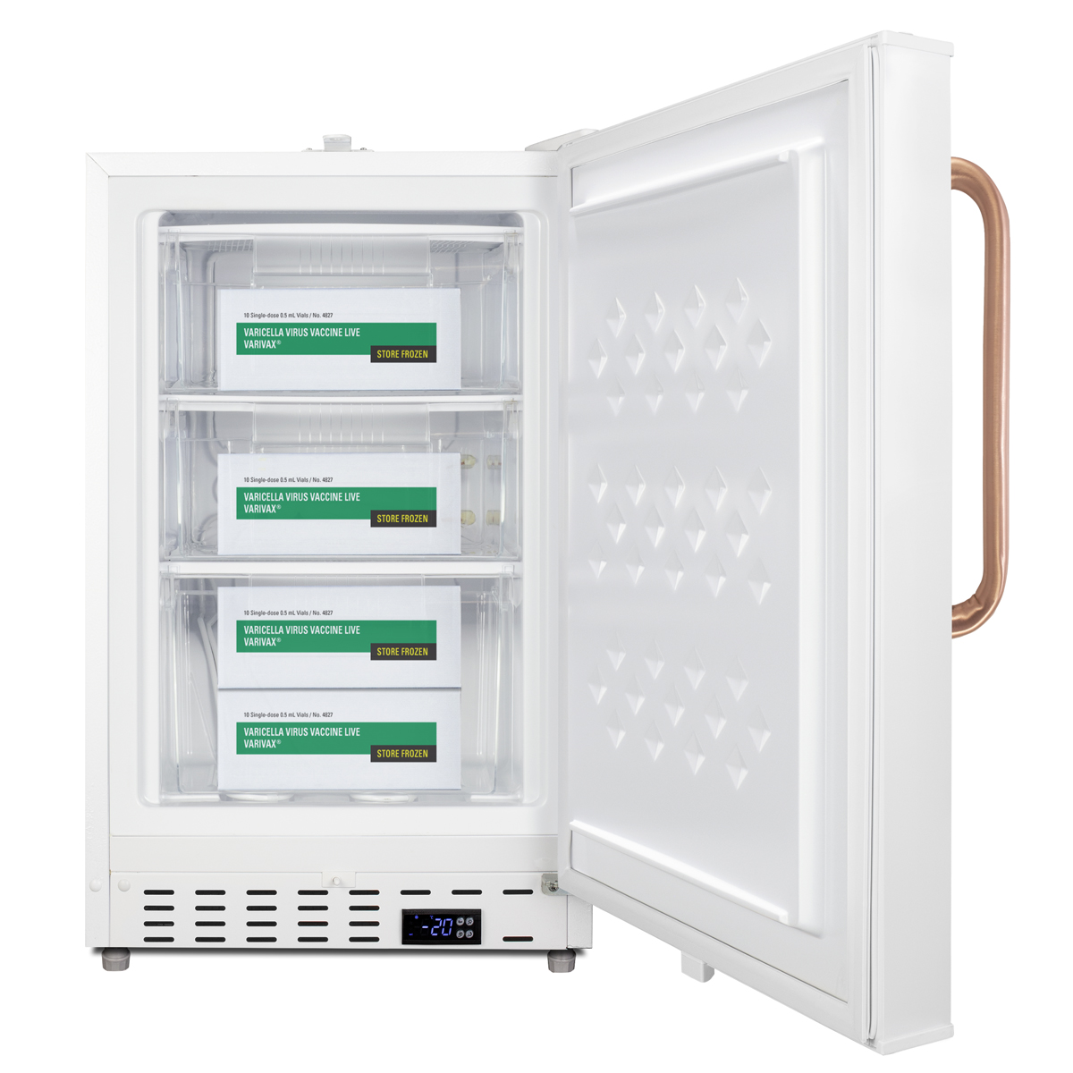 Built-in undercounter -25 C ADA compliant all-freezer in white with lock, pure copper towel bar handle, digital controls, interior baskets, hospital cord with 'green dot' plug, factory installed access port, and manual defrost operation